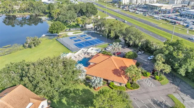 a view of a lake with a building in the background