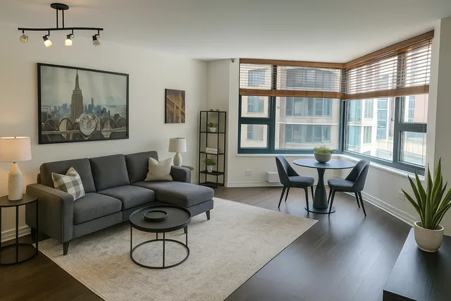 a living room with furniture a table and a large window