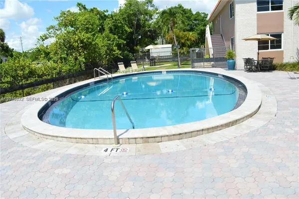 a view of a swimming pool with a yard