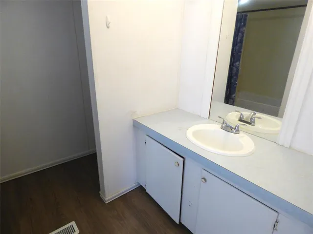 a bathroom with a sink and a mirror