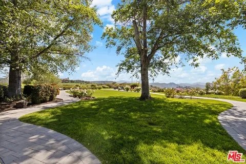 a view of a backyard with table and chairs potted plants and large tree