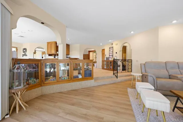 a view of a hallway with windows