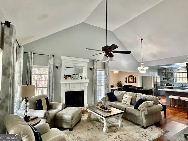 a living room with furniture ceiling fan and a fireplace