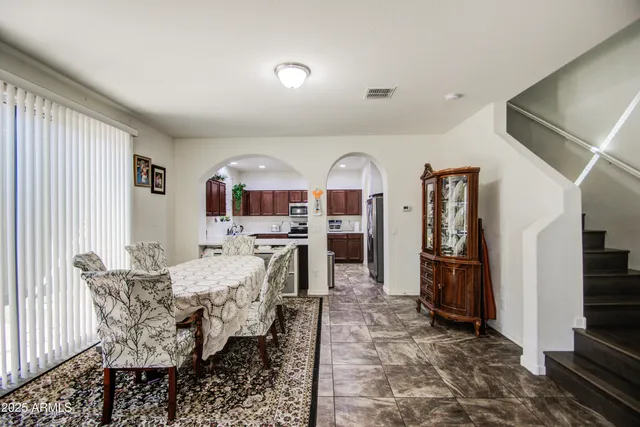 a view of a dining room with furniture