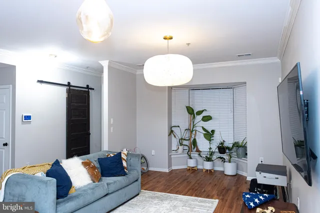 a living room with furniture flowerpot and a flat screen tv