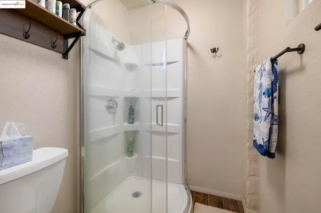 a bathroom with a shower and a toilet