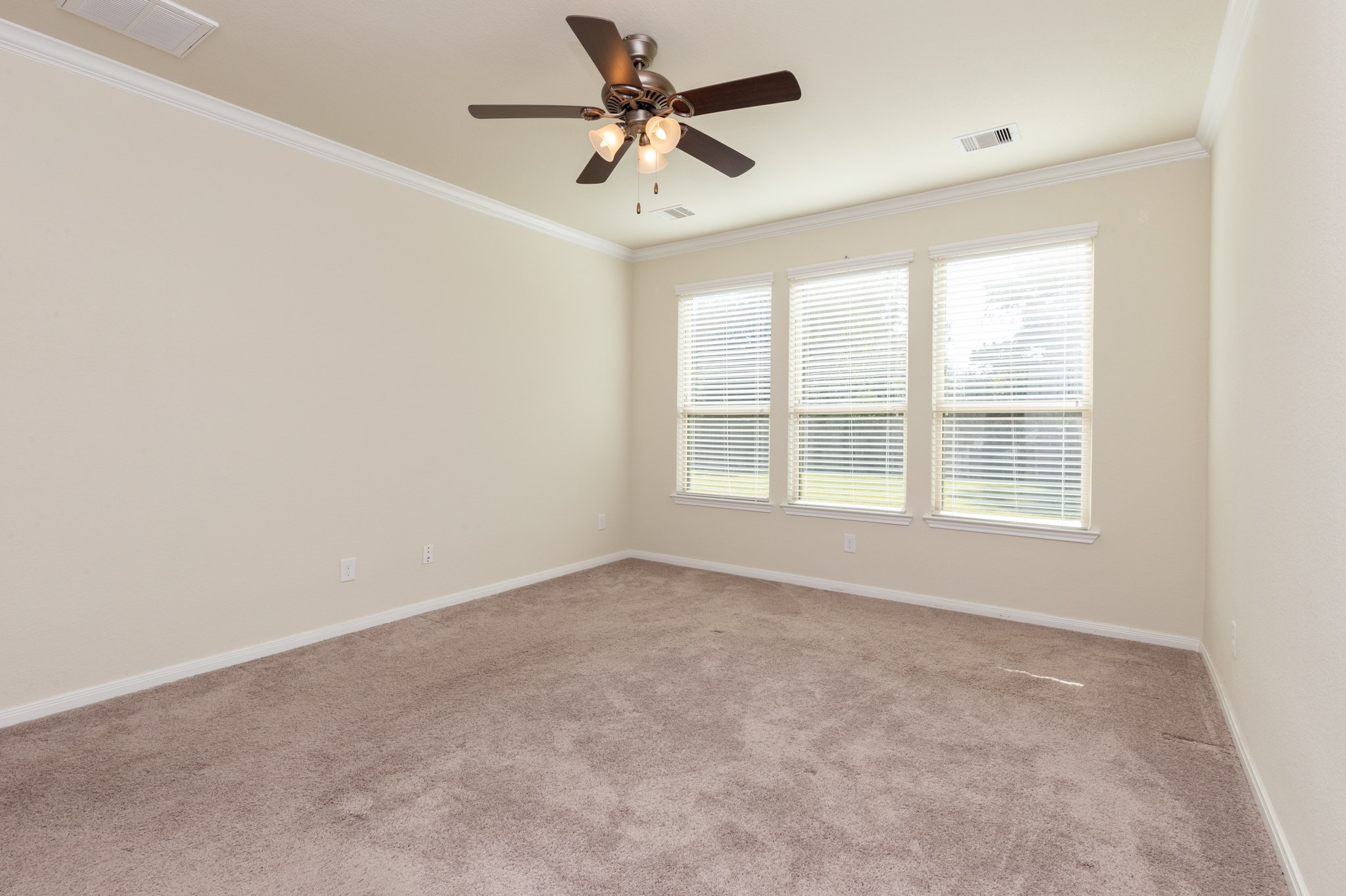 10 Log House Court Tomball, TX 77375 - Photo 31 of 50 Bright, spacious room with neutral walls and carpet, featuring large windows for natural light and a ceiling fan for comfort.