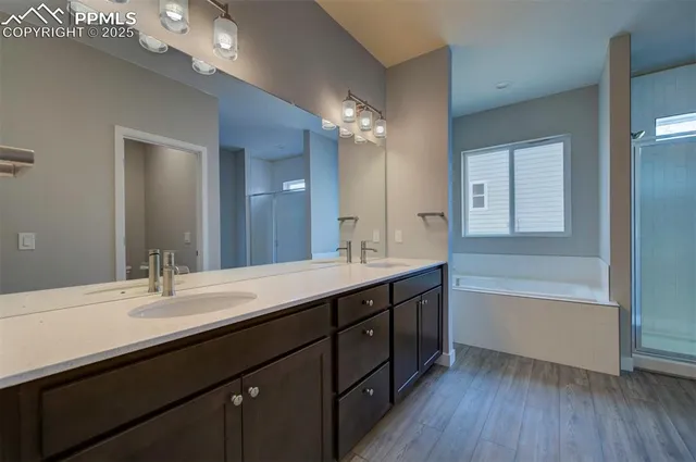 a bathroom with a sink double vanity granite tub and a mirror