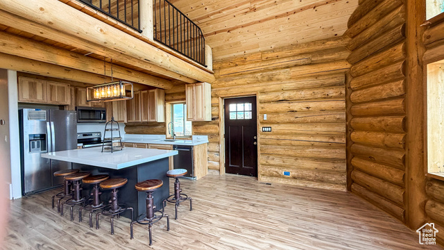 5236 North Holly Way Helper, UT 84526 - Photo 6 of 34 Kitchen featuring appliances with stainless steel finishes, light countertops, a kitchen island, rustic walls, and wooden ceiling
