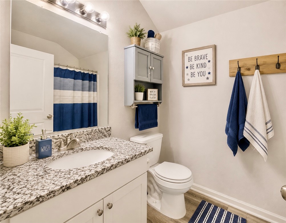 137 Windmill Road Somerville, TX 77879 - Photo 12 of 17 a bathroom with a granite countertop sink a toilet and a mirror