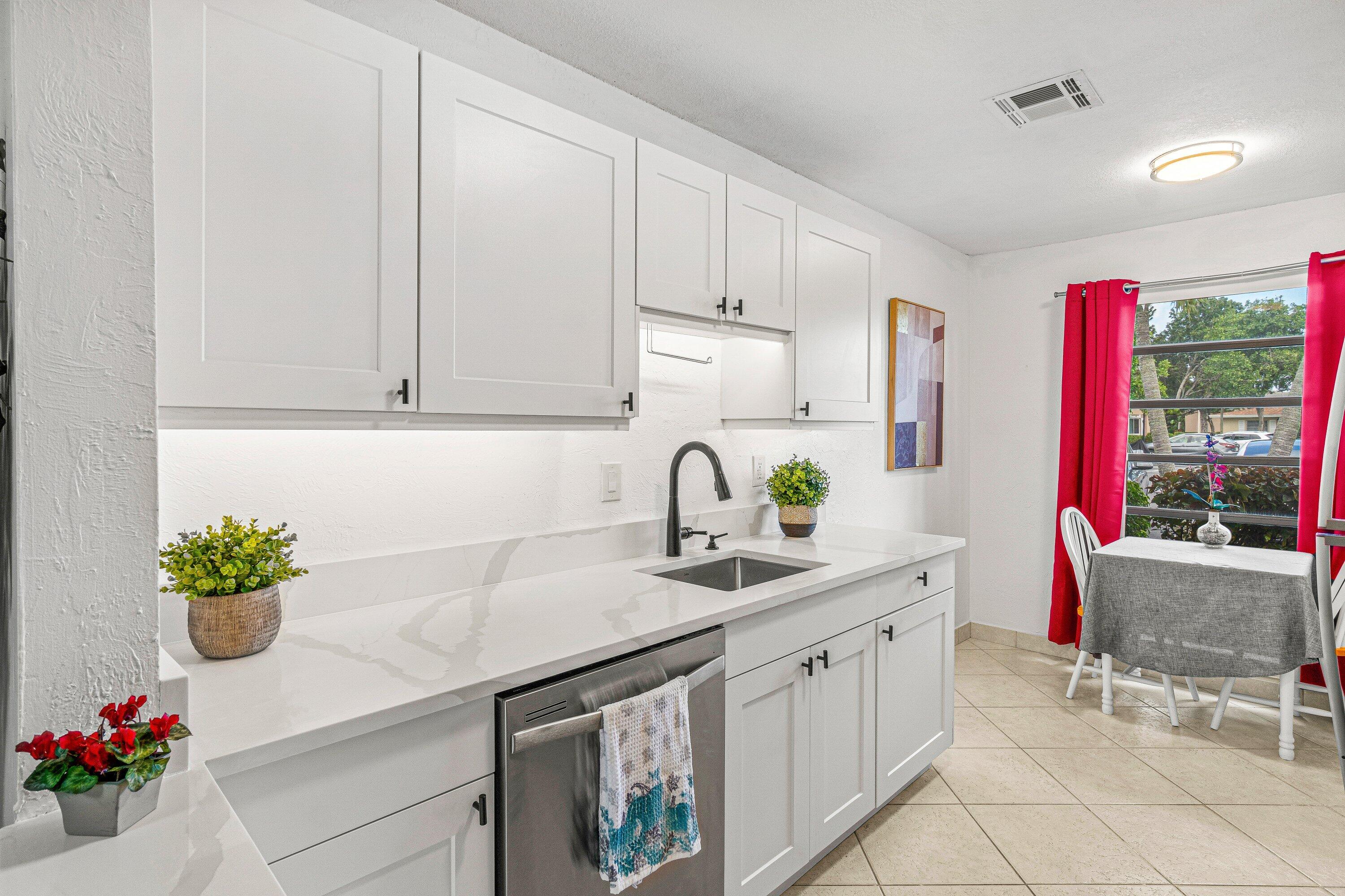 a kitchen with a sink cabinets and potted plant