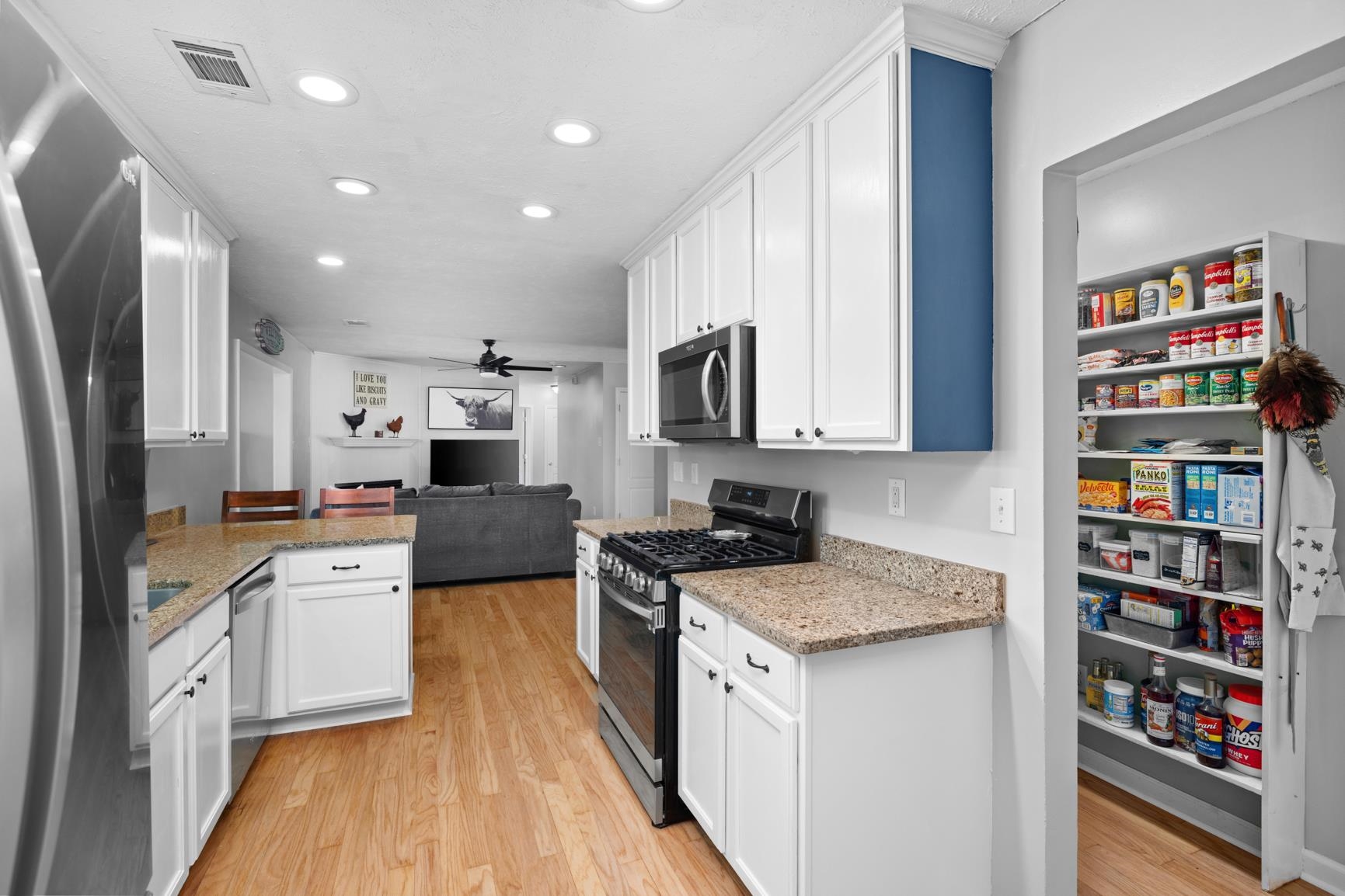2640 Brighton-Clopton Road Brighton, TN 38011 - Photo 16 of 36 Kitchen with appliances with stainless steel finishes, light wood-type flooring, recessed lighting, a ceiling fan, and white cabinetry