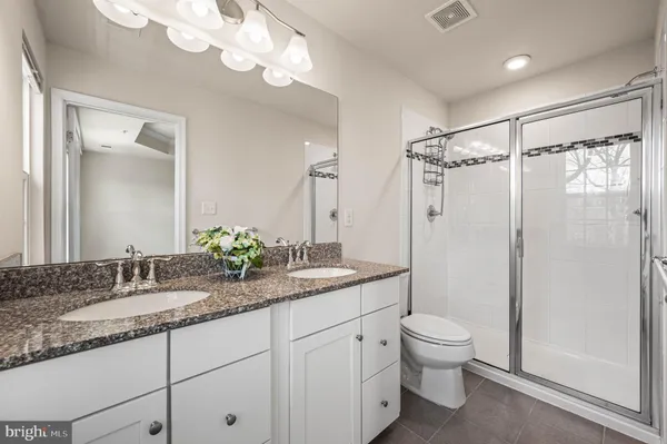 a bathroom with a granite countertop sink a toilet and shower