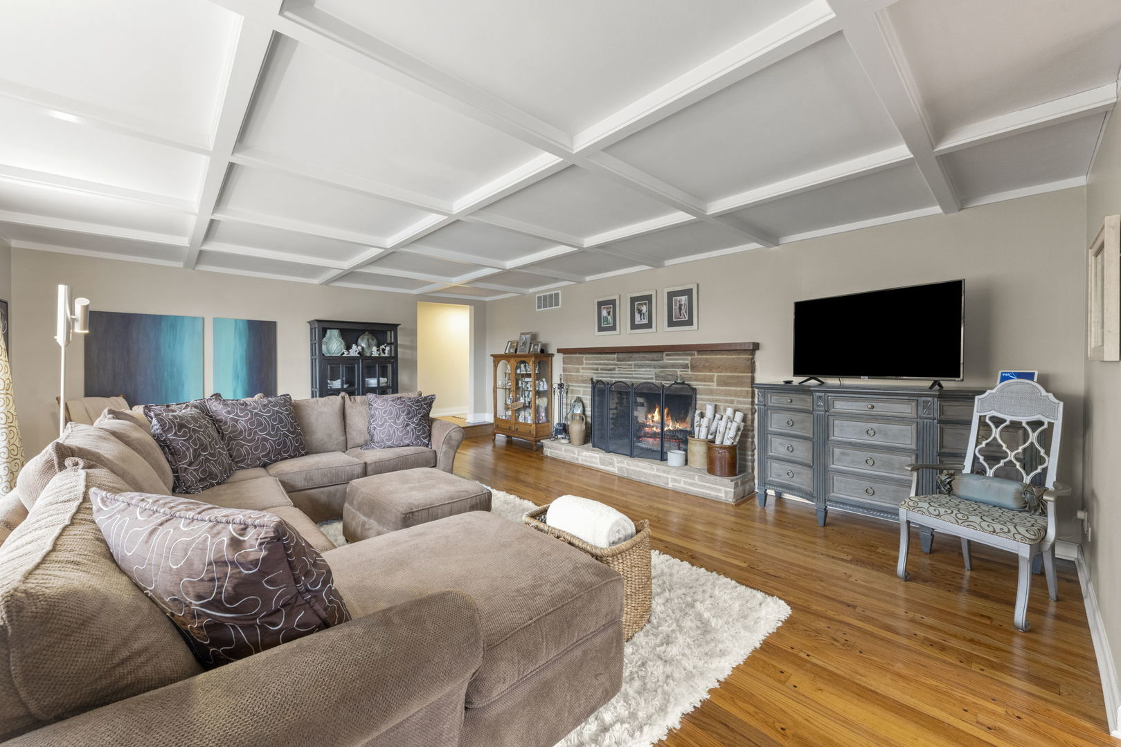1001 Geneva Road St. Charles, IL 60174 - Photo 2 of 25 a living room with furniture a flat screen tv and a fireplace