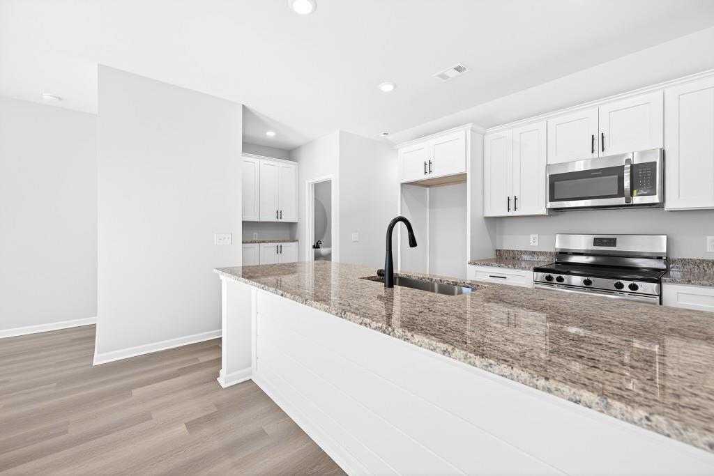 578 Madison Street, Unit 100 Commerce, GA 30529 - Photo 7 of 37 a kitchen with stainless steel appliances granite countertop a sink a stove a microwave a sink a refrigerator and cabinets