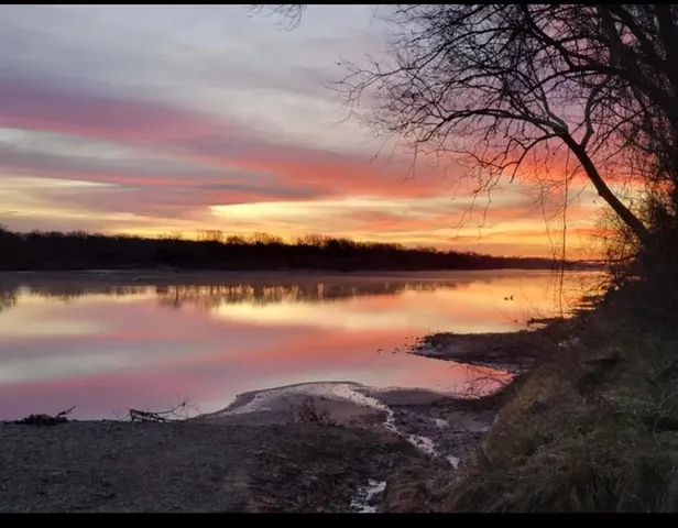 a view of a lake with houses in the background