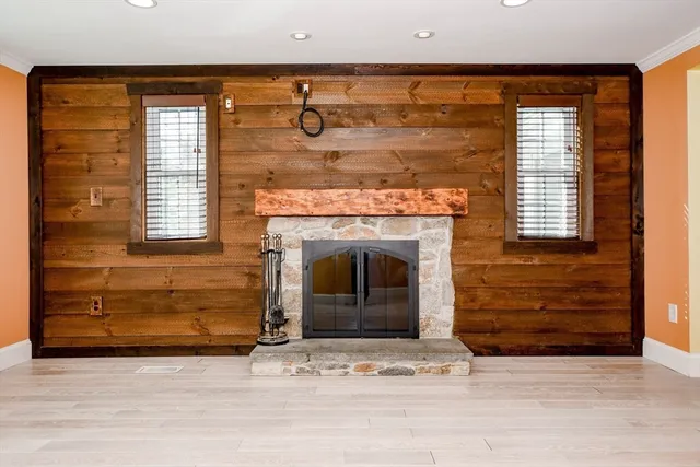 a living room with a fireplace