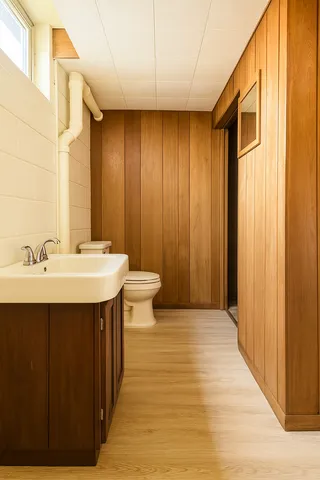 a backyard of a house with plants and large tree