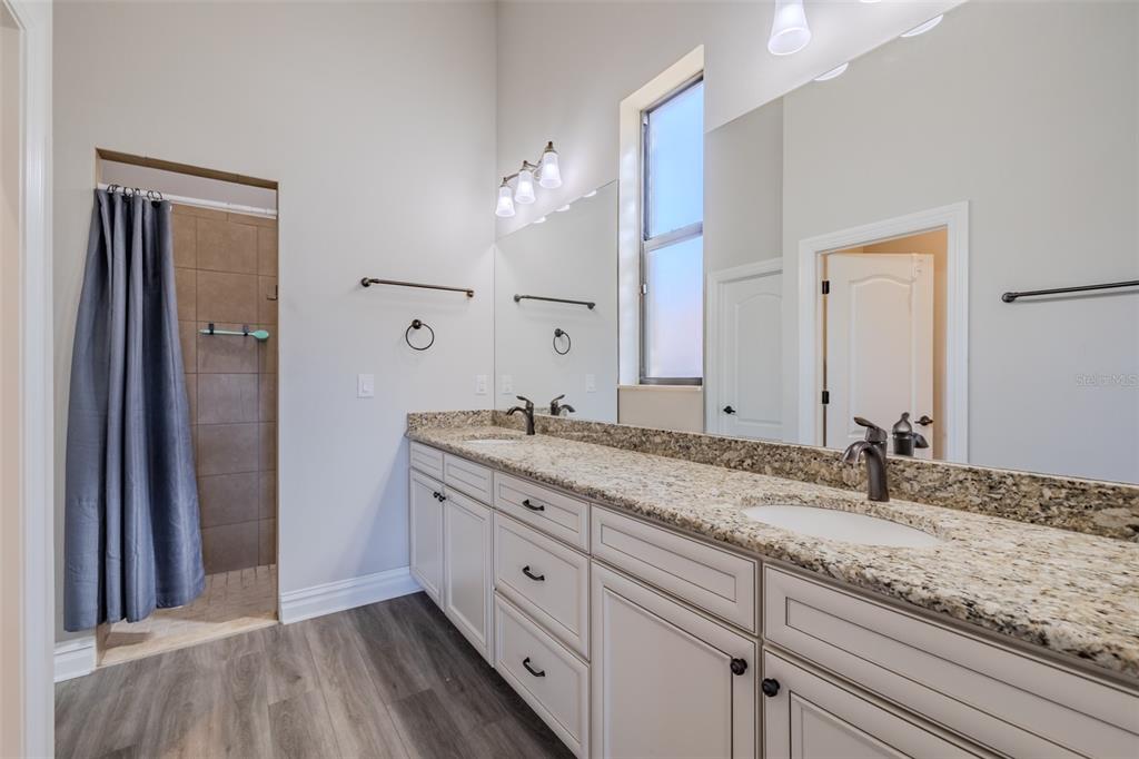 4950 Diamonds Palm Loop Wesley Chapel, FL 33543 - Photo 22 of 65 a bathroom with a granite countertop double vanity sink and mirror