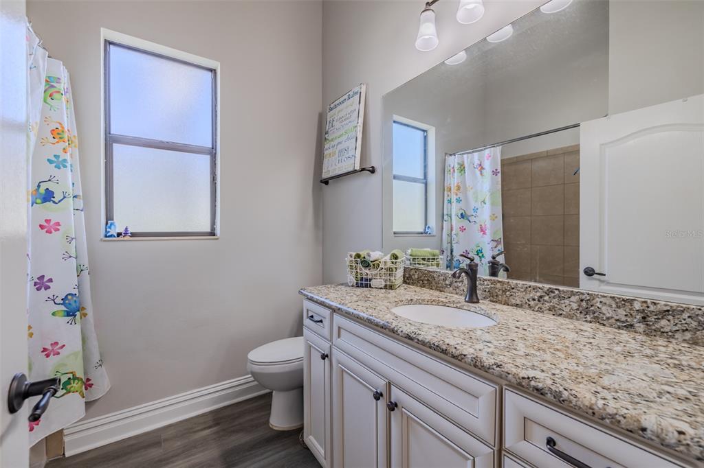 4950 Diamonds Palm Loop Wesley Chapel, FL 33543 - Photo 29 of 65 a bathroom with a granite countertop sink a toilet and a mirror