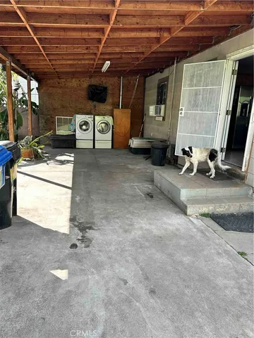 a view of a garage with storage