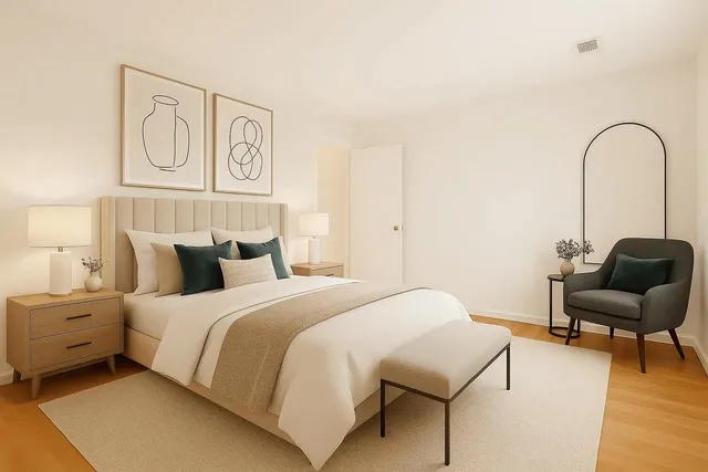 a bedroom with a bed and a couch