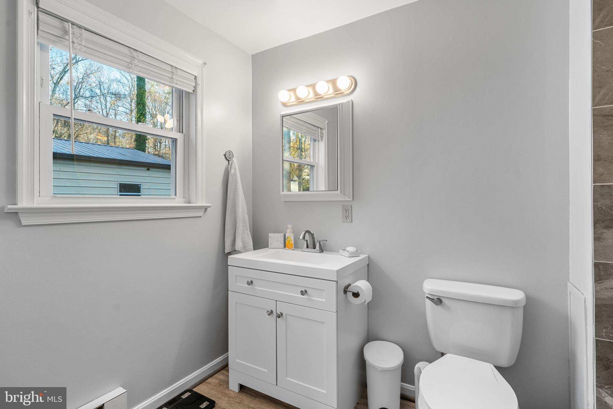 6015 Poplar Road St. Leonard, MD 20685 - Photo 31 of 35 a bathroom with a toilet a sink a mirror a window and vanity