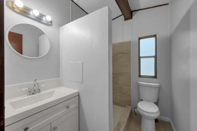 a bathroom with a toilet sink and mirror
