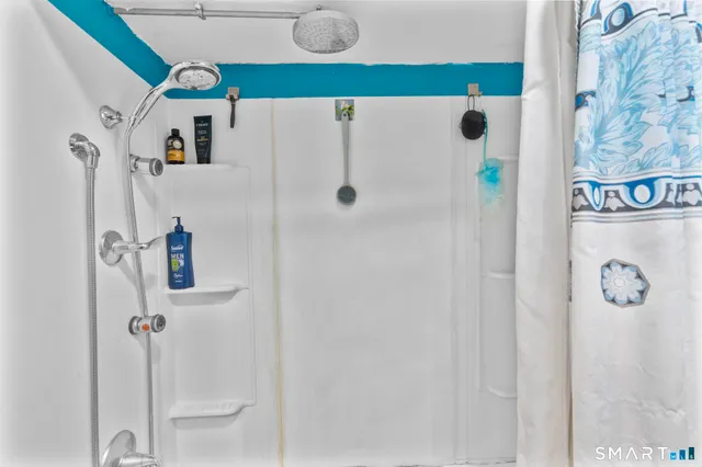 a bathroom with a shower and mirror