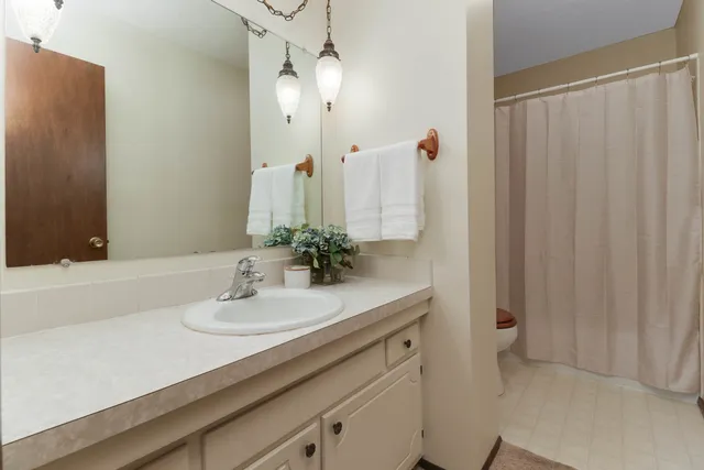 a bathroom with a sink a mirror and a shower