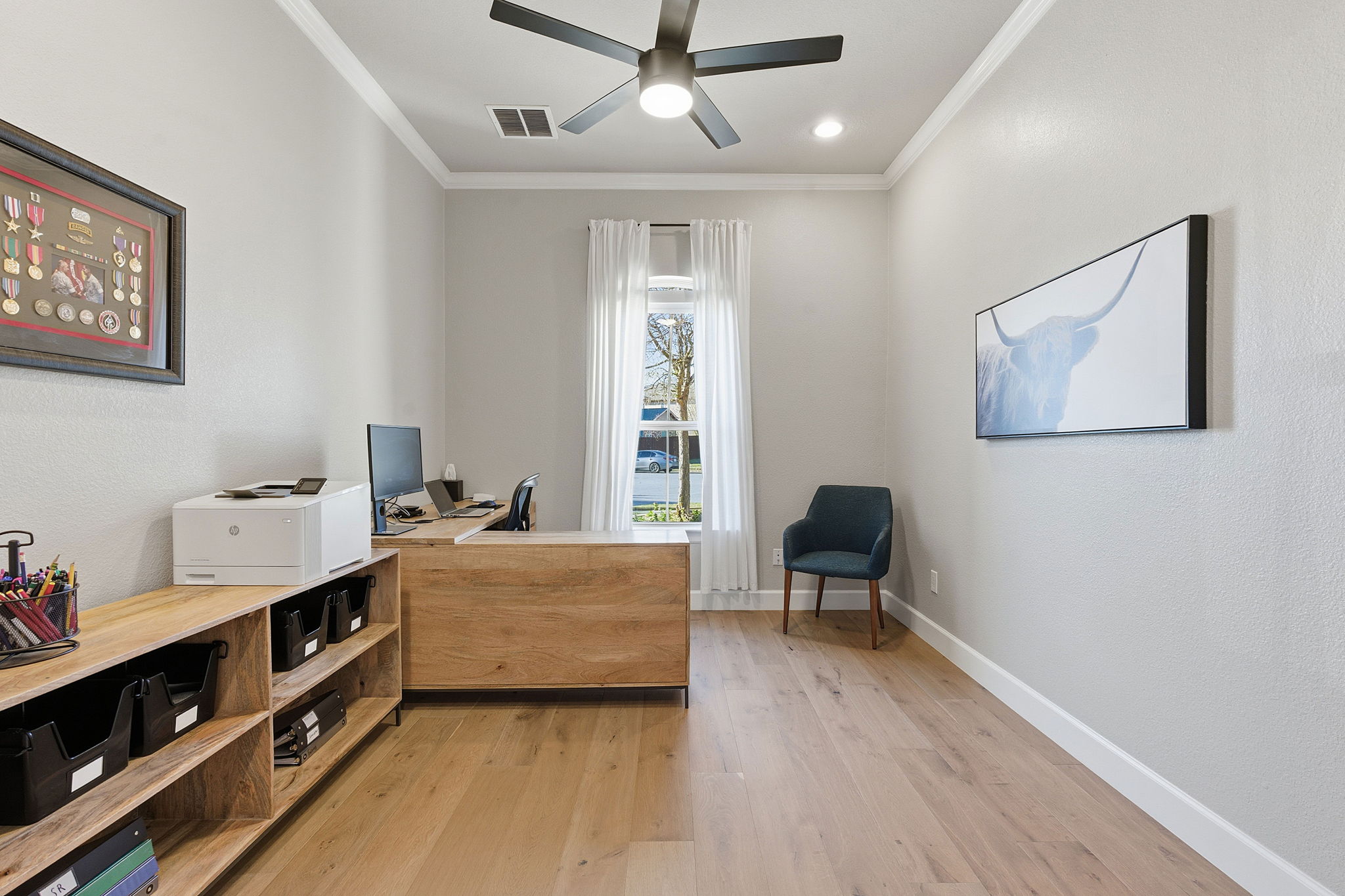 512 Choke Canyon Lane Georgetown, TX 78628 - Photo 26 of 37 Office featuring ornamental molding, light wood-style floors, and a ceiling fan
