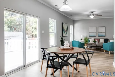 a view of a dining room with furniture window and wooden floor