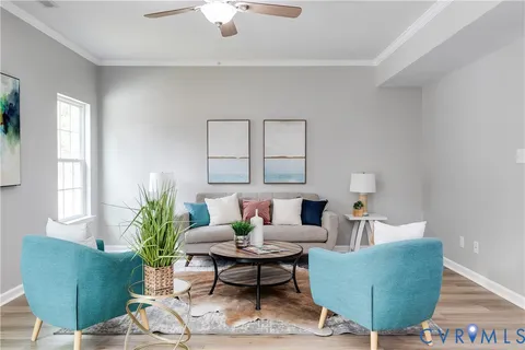a living room with furniture and a potted plant