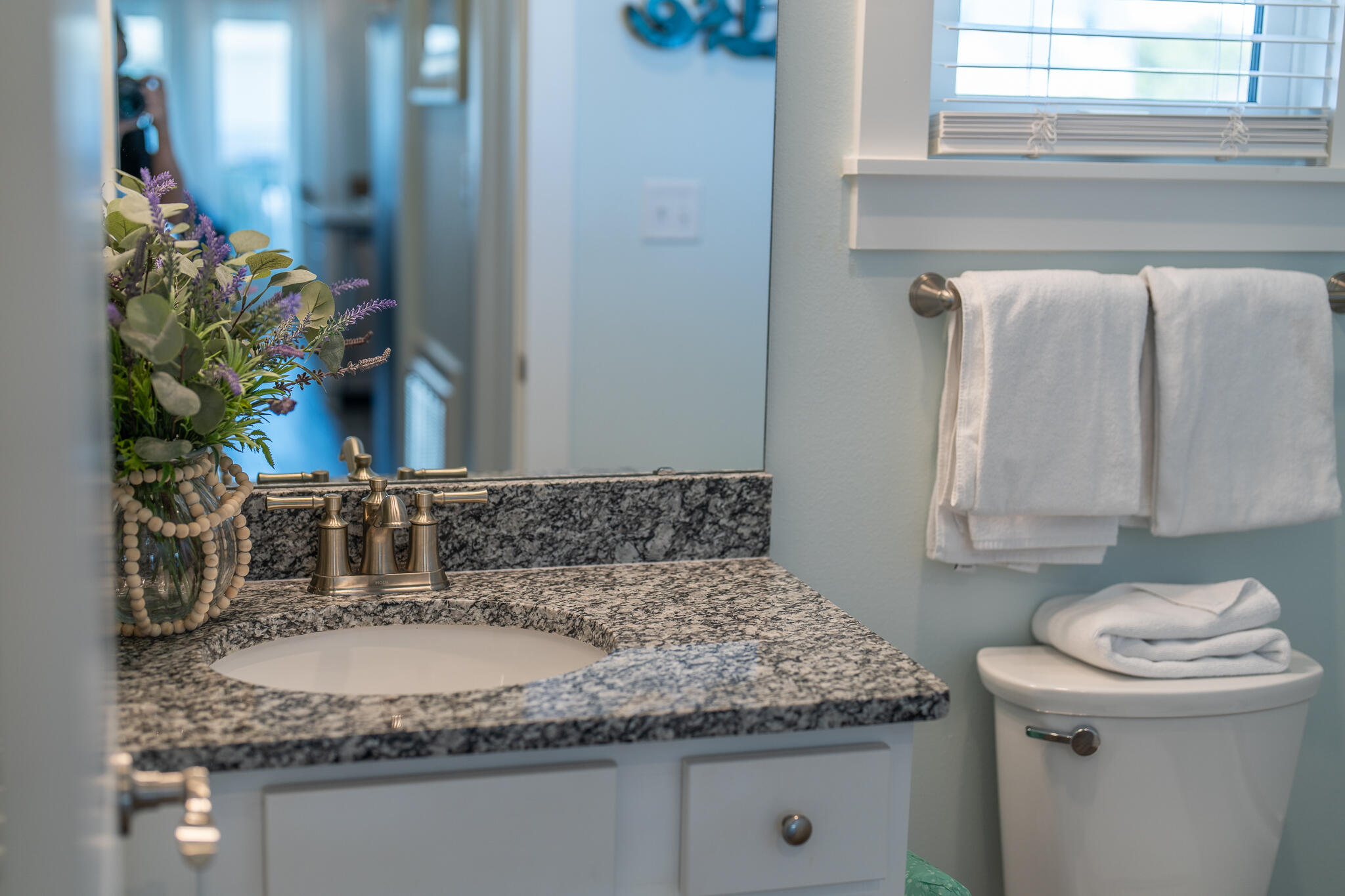 3986 West Hidden Lake Way, Unit 231 Santa Rosa Beach, FL 32459 - Photo 35 of 66 a bathroom with a granite countertop sink a toilet and a mirror