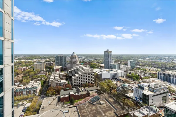 a city view with tall buildings