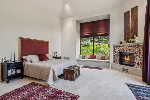 a view of a forest with a mountain in the background