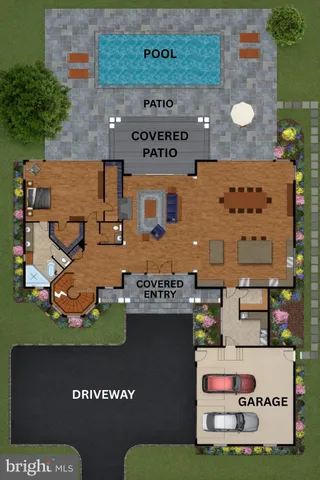 an aerial view of a house with yard swimming pool and outdoor seating