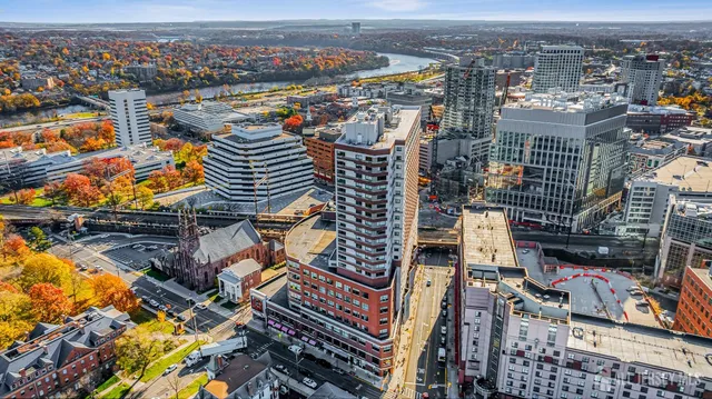 an aerial view of a building with outdoor space