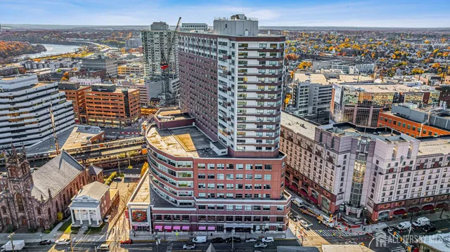 a city view with tall buildings