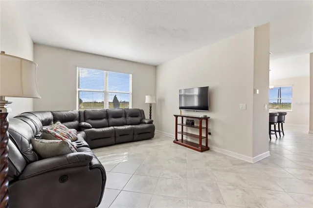 a living room with furniture kitchen view and a potted plant