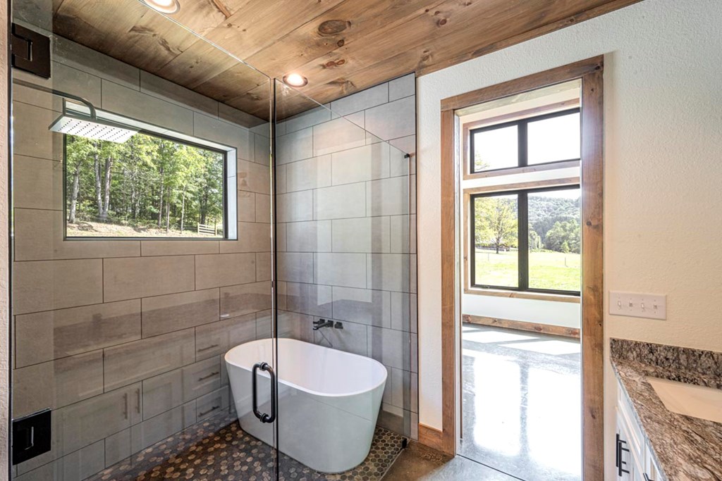86 Valley Lake Road Mineral Bluff, GA 30559 - Photo 15 of 59 a bathroom with a granite countertop sink a toilet and shower