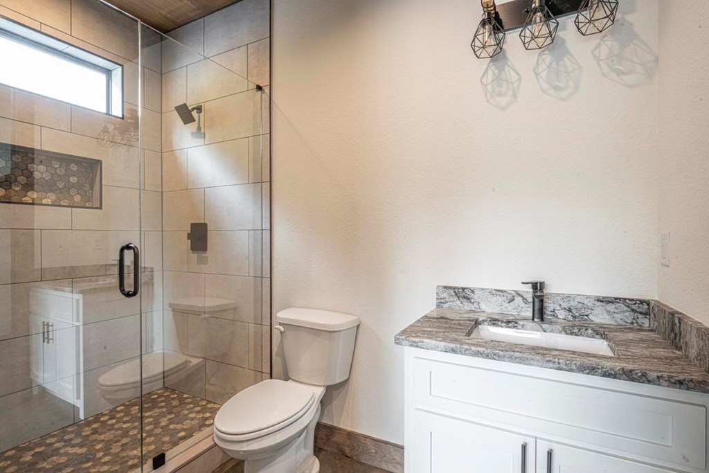 86 Valley Lake Road Mineral Bluff, GA 30559 - Photo 44 of 59 a bathroom with a granite countertop sink a toilet and shower