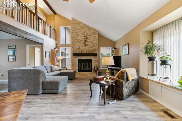 a living room with furniture and a fireplace