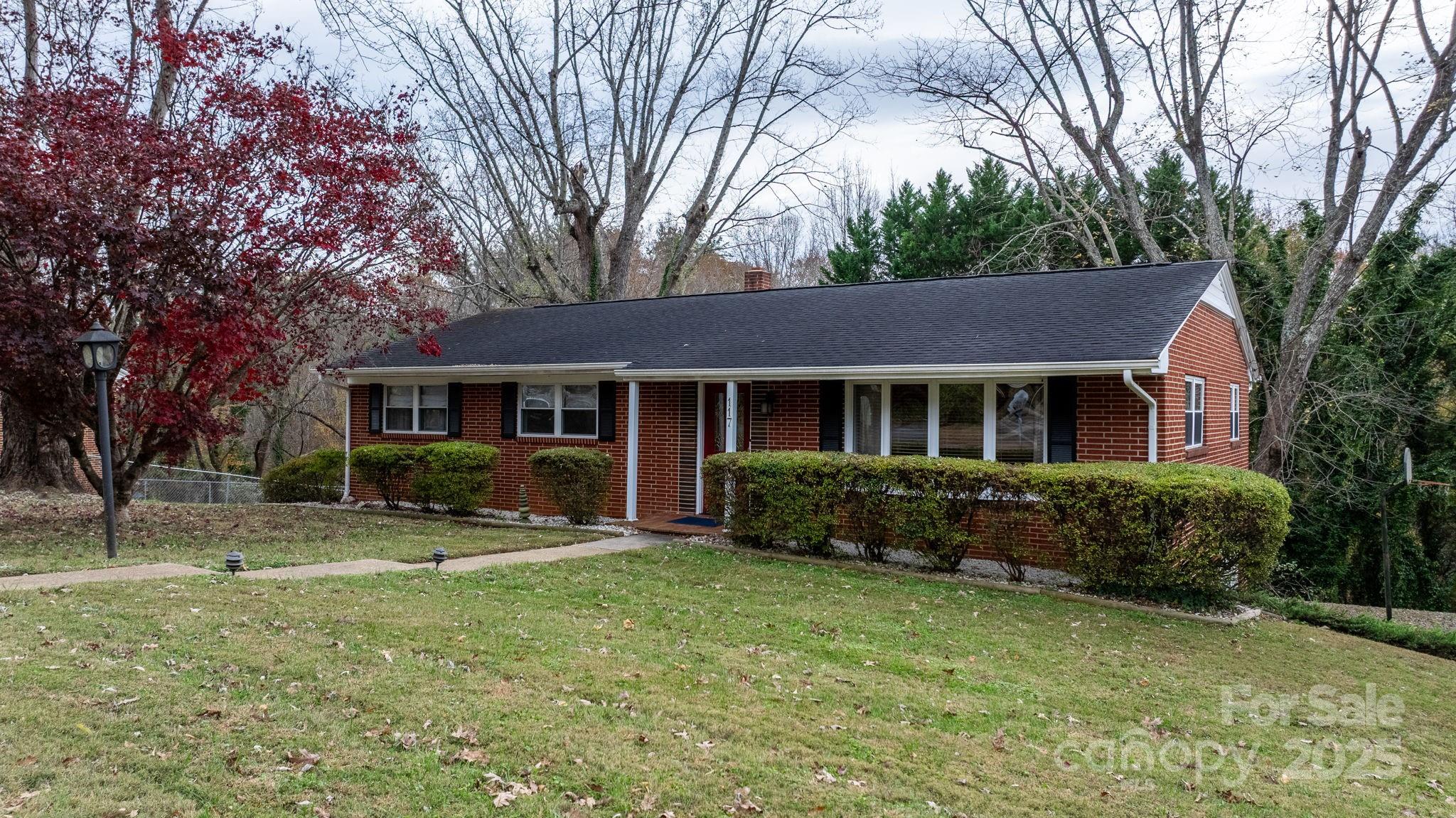 a front view of a house with yard and green space