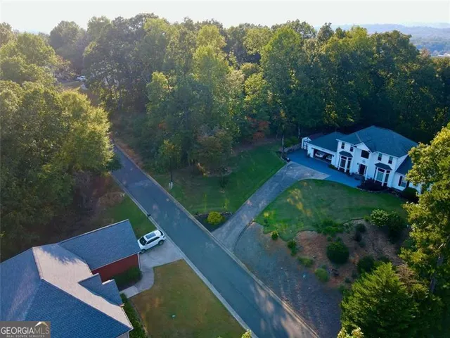 an aerial view of a house with a garden