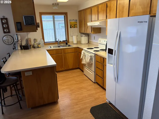 a kitchen with a sink appliances a sink and a refrigerator