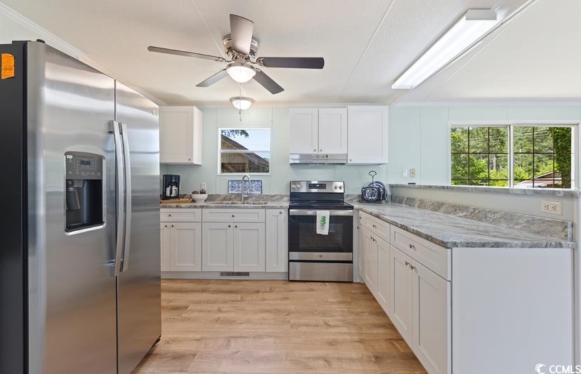 1030 Levi Street Manning, SC 29102 - Photo 15 of 31 Kitchen with stainless steel appliances, a sink, under cabinet range hood, white cabinetry, and healthy amount of natural light