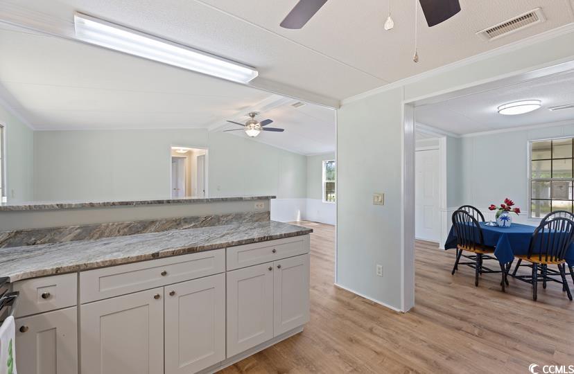 1030 Levi Street Manning, SC 29102 - Photo 16 of 31 Kitchen featuring a ceiling fan, light wood-style flooring, white cabinetry, light stone counters, and vaulted ceiling