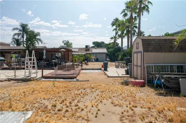 a view of the patio with a table and chairs under palm trees