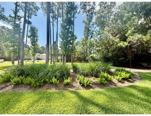 a view of a garden with a fountain